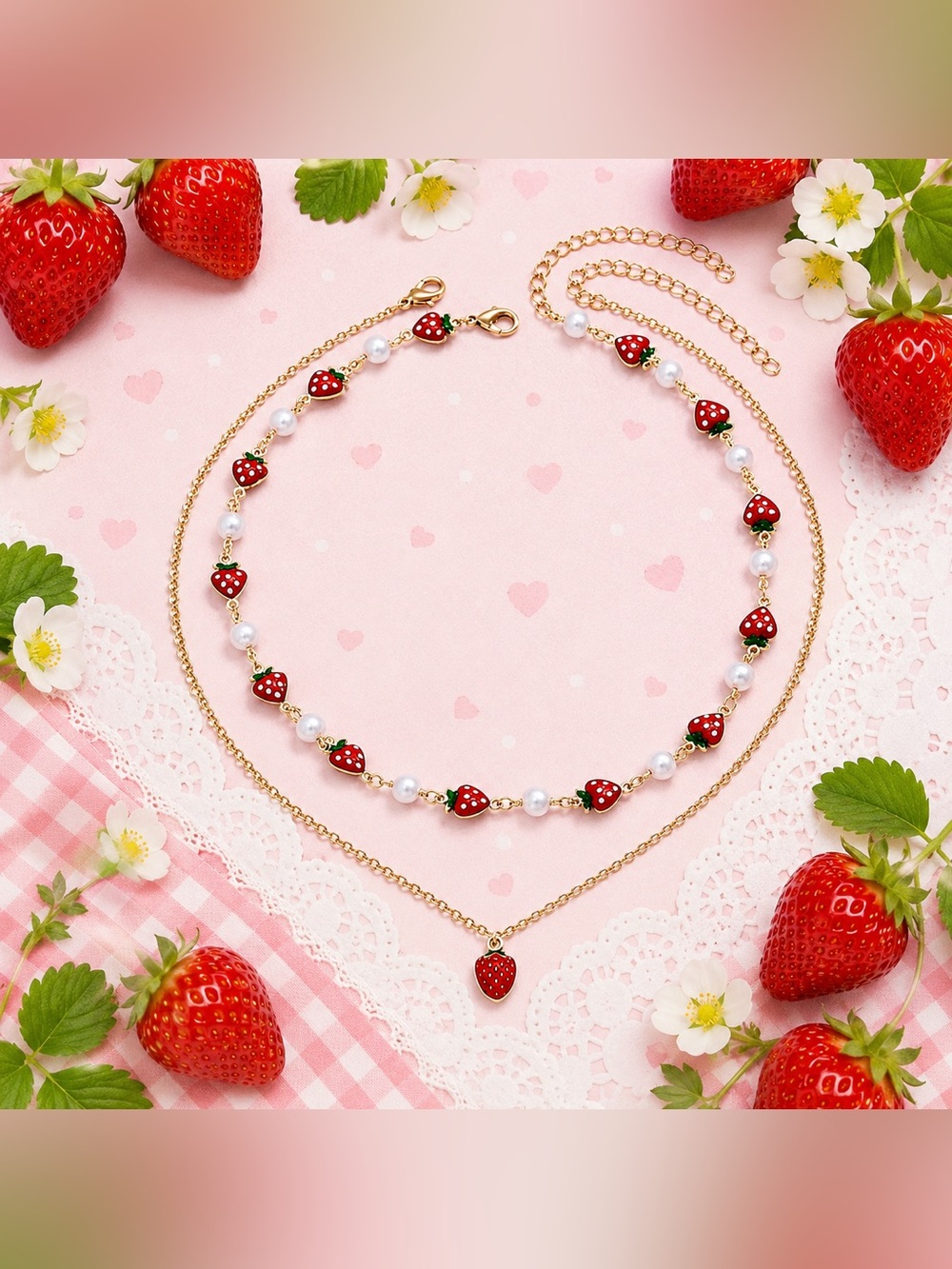 Strawberry Pearl Charm Necklace Set